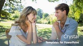  Presentation with cafe - Slide deck with cute couple sitting outside at a cafe on a sunny day background and a ocean colored foreground