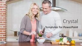  Presentation with cute vegetables - Audience pleasing PPT theme consisting of cute couple slicing vegetables in the kitchen backdrop and a light gray colored foreground