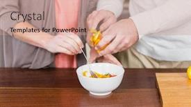  Presentation with cute vegetables - PPT theme enhanced with cute couple slicing vegetables in the kitchen background and a coral colored foreground