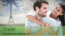  Presentation with eiffel tower - Beautiful presentation theme featuring cute couple smiling at each other against eiffel tower backdrop and a seafoam green colored foreground