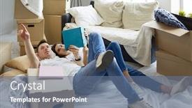  Presentation with album - Slide set consisting of cute-couple-unpacking-cardboard-boxes background and a ocean colored foreground