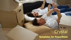  Presentation with album - Amazing presentation theme having cute-couple-unpacking-cardboard-boxes backdrop and a coral colored foreground