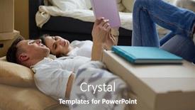  Presentation with album - Presentation enhanced with cute-couple-unpacking-cardboard-boxes background and a violet colored foreground