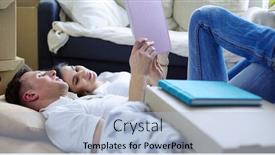  Presentation with album - Cool new presentation design with cute-couple-unpacking-cardboard-boxes backdrop and a light blue colored foreground