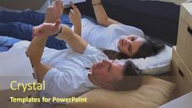  Presentation with new home - Presentation design enhanced with cute-couple-unpacking-cardboard-boxes background and a tawny brown colored foreground