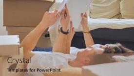  Presentation with new home - Presentation design consisting of cute-couple-unpacking-cardboard-boxes background and a coral colored foreground