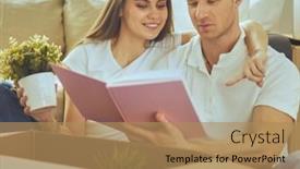  Presentation with new home - PPT theme consisting of cute-couple-unpacking-cardboard-boxes background and a coral colored foreground