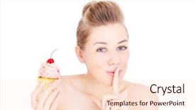  Presentation with eat - Presentation theme featuring food symbol crazy diet - portrait of a pretty woman background and a lemonade colored foreground