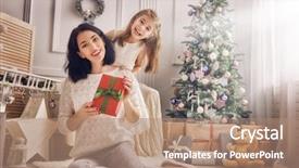 Presentation with merry christmas - Theme having cute daughter girl exchanging gifts background and a coral colored foreground