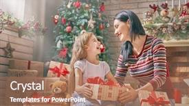  Presentation with merry christmas - Slides enhanced with cute daughter girl exchanging gifts background and a coral colored foreground