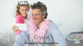  Presentation with fairy garden - Cool new PPT theme with cute daughter in fairy costume showing mobile phone to father at garden backdrop and a light blue colored foreground