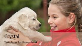  Presentation with puppy - PPT theme featuring cute dog - little girl with a golden background and a coral colored foreground