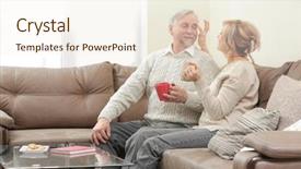  Presentation with elderly home - PPT theme consisting of cute elderly couple drinking tea at home background and a cream colored foreground