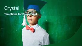  Presentation with pupil - Presentation theme having cute elementary pupil in eyeglasses and graduation hat looking at camera background and a ocean colored foreground