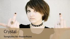 Presentation with finger - PPT theme having cute emo - brunette girl showing middle finger background and a coral colored foreground