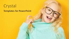  Presentation with kids fashion - PPT layouts enhanced with cute emotional girl in glasses is posing over the yellow background beauty fashion for kids background and a yellow colored foreground
