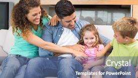  Presentation with living room family - Colorful PPT theme enhanced with cute family tickling little girl on the couch at home in living room backdrop and a ocean colored foreground