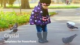  Presentation with baby feeding products - Slide set featuring cute fashionable baby girl feeding a pigeons at the autumn park background and a gray colored foreground