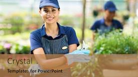  Presentation with nursery - PPT theme with cute female nursery worker portrait with pruner background and a coral colored foreground