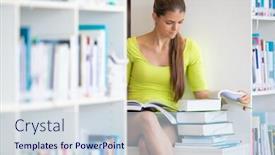  Presentation with highschool - Slide set featuring cute female university highschool student with books in library background and a sky blue colored foreground