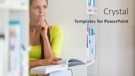  Presentation with highschool - Cool new slide deck with cute female university highschool student with books in library backdrop and a soft green colored foreground