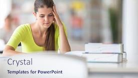  Presentation with highschool - PPT theme enhanced with cute female university highschool student with books in library background and a sky blue colored foreground