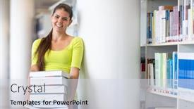  Presentation with highschool - PPT layouts with cute female university highschool student with books in library background and a sky blue colored foreground