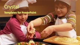  Presentation with veggie - Presentation theme having cute food - two sisters in aprons background and a tawny brown colored foreground