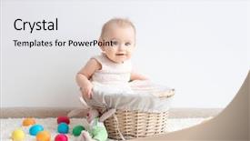  Presentation with baby toy - PPT theme with cute funny baby with colorful easter eggs and bunny toy at home background and a white colored foreground