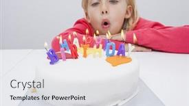  Presentation with cute birthday - Slide set having cute girl blowing birthday candles at table in house background and a light gray colored foreground