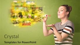  Presentation with memory - Cool new PPT layouts with cute girl blowing colourful glowing memory picture concept on green background backdrop and a yellow colored foreground
