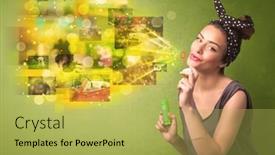  Presentation with memory - Slide deck having cute girl blowing colourful glowing memory picture concept on green background background and a yellow colored foreground
