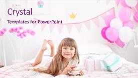  Presentation with cute birthday - Slide set enhanced with cute girl eating tasty cake while lying on bed in room decorated for birthday party background and a sky blue colored foreground