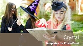 Presentation with magic book - Slides having cute girl in halloween attire looking through spell book and choosing magic-spell background and a coral colored foreground