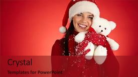  Presentation with teddy bear - Presentation theme having teddybear snowflakes - cute girl in santa cap background and a crimson colored foreground