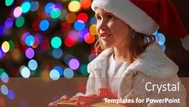  Presentation with sparkling - Beautiful slide set featuring cute girl in santa cap holding giftbox on sparkling background backdrop and a coral colored foreground