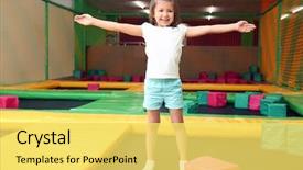  Presentation with child jumping to tree - Slide deck enhanced with cute girl jumping on trampoline background and a yellow colored foreground