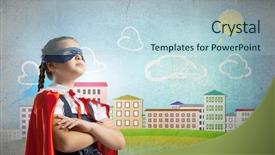  Presentation with super girl - Presentation having cute girl of school age wearing super hero costume background and a light blue colored foreground