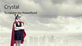  Presentation with super girl - Theme having cute girl of school age wearing super hero costume background and a light gray colored foreground