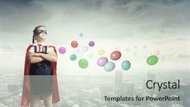  Presentation with super girl - Audience pleasing PPT theme consisting of cute girl of school age wearing super hero costume backdrop and a soft green colored foreground