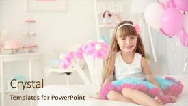  Presentation with cute birthday - PPT layouts with cute girl sitting on bed in room decorated for birthday celebration background and a lemonade colored foreground
