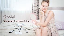  Presentation with beauty makeup - Audience pleasing presentation theme consisting of cute girl sitting in a lace dress on the bed and doing makeup at home beauty fashion backdrop and a lemonade colored foreground