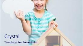  Presentation with talk - Amazing PPT theme having cartoon business people - cute girl with a toy backdrop and a sky blue colored foreground