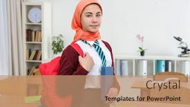  Presentation with backpack - Presentation design with cute-girl-with-backpack background and a coral colored foreground