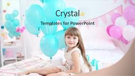  Presentation with cute birthday - PPT theme consisting of cute girl with balloons sitting on bed in room decorated for birthday party background and a arctic colored foreground