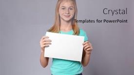 Presentation with advertising - Presentation theme with cute-girl-with-blank-sheet background and a light gray colored foreground