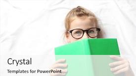 Presentation with child girl reading a book - PPT theme consisting of cute girl with book lying background and a white colored foreground