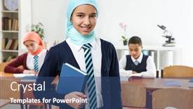  Presentation with classroom - Presentation design featuring cute-girl-with-book-standing background and a ocean colored foreground