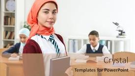  Presentation with classroom - Amazing presentation theme having cute-girl-with-book-standing backdrop and a coral colored foreground