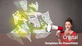  Presentation with newspapers - Colorful presentation design enhanced with cute girl yelling into loudspeaker and newspapers fly backdrop and a violet colored foreground
